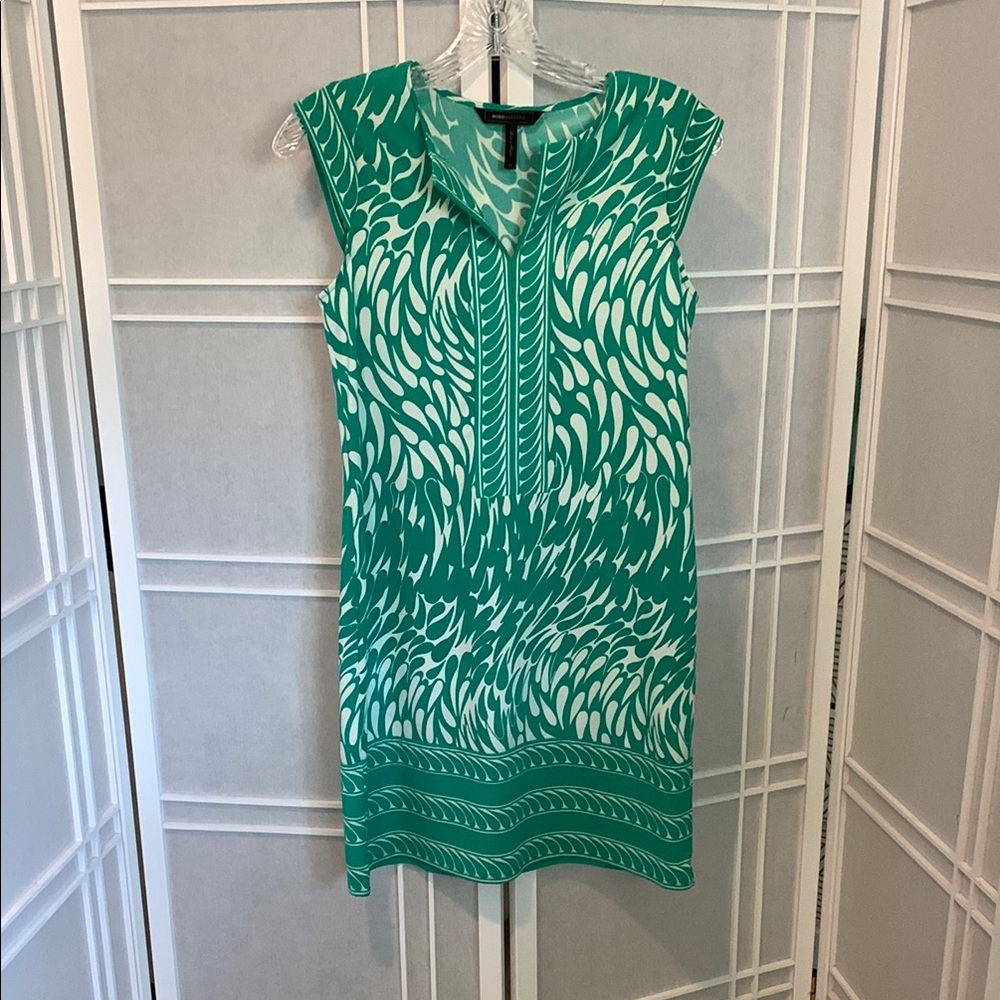 BCBGMaxAzria Green and White Patterned Dress